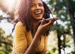 Woman on phone thats excited she was hired by Treva Staffing