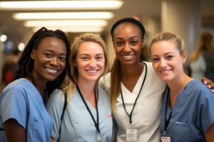 Four female nurses standing together and smiling